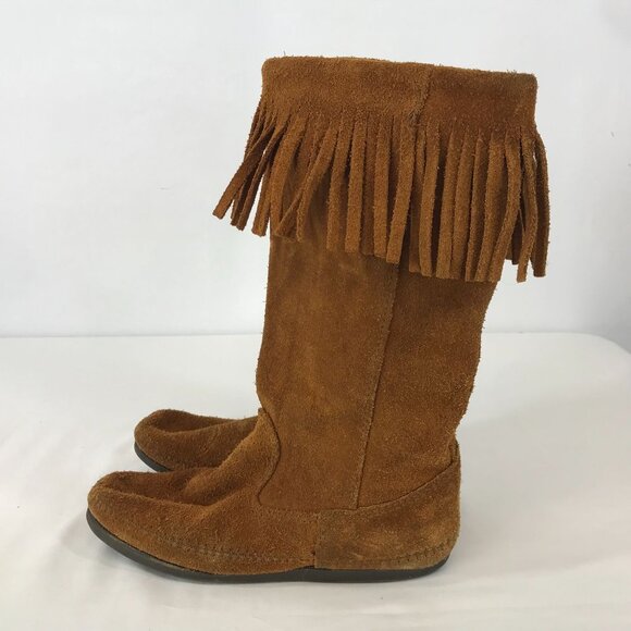 MINNETONKA ~ WOMENS 7 ~ TAN LEATHER SUEDE MOCCASIN BOOTS - Picture 4 of 9